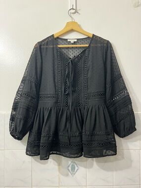 Stellah Babydoll Lace Quarter Sleeve Sheer Top S Whimsigoth Dark Cottage Witchy